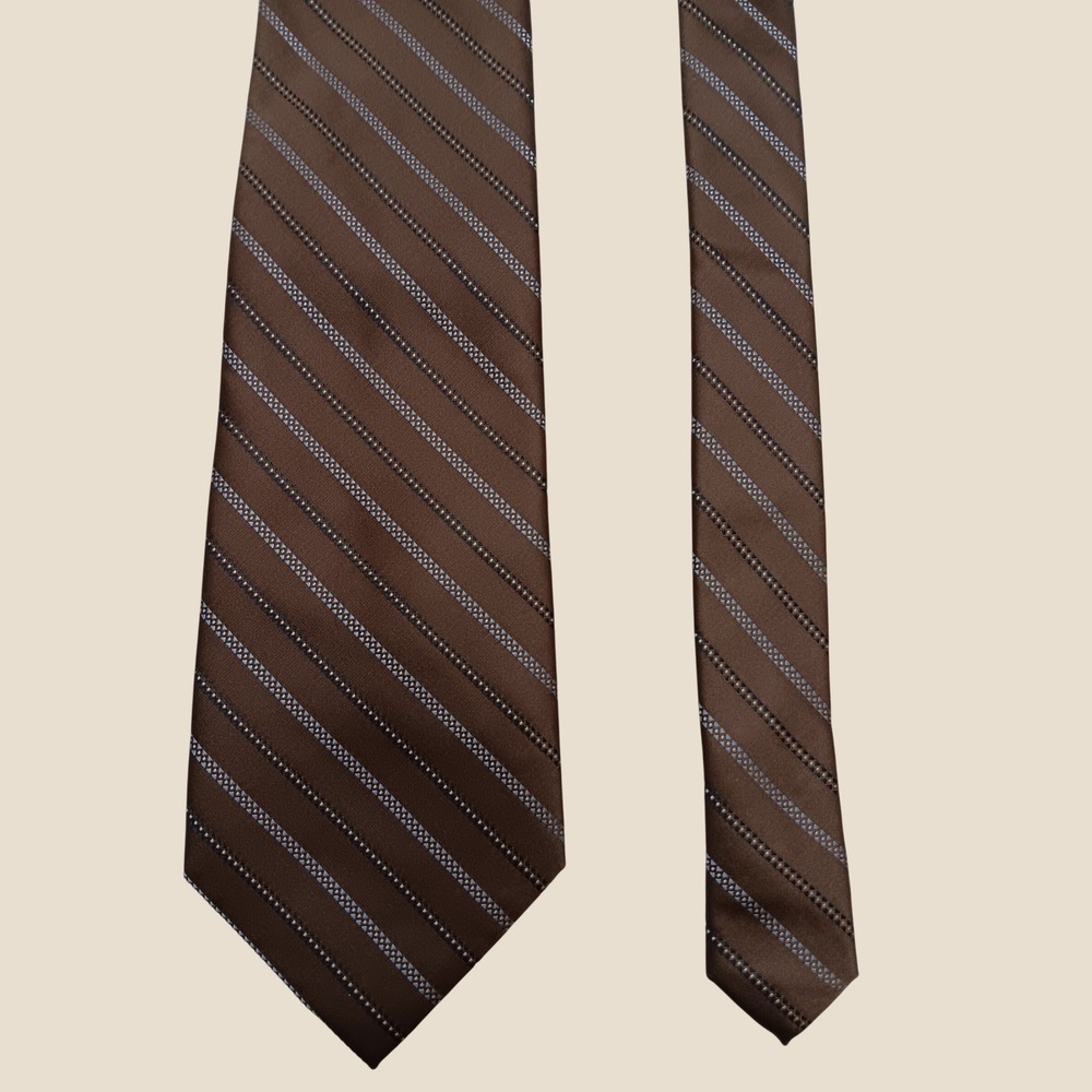 Calvin Klein Mens Brown Blue Striped Silk Necktie Wide Classic Professional Tie
